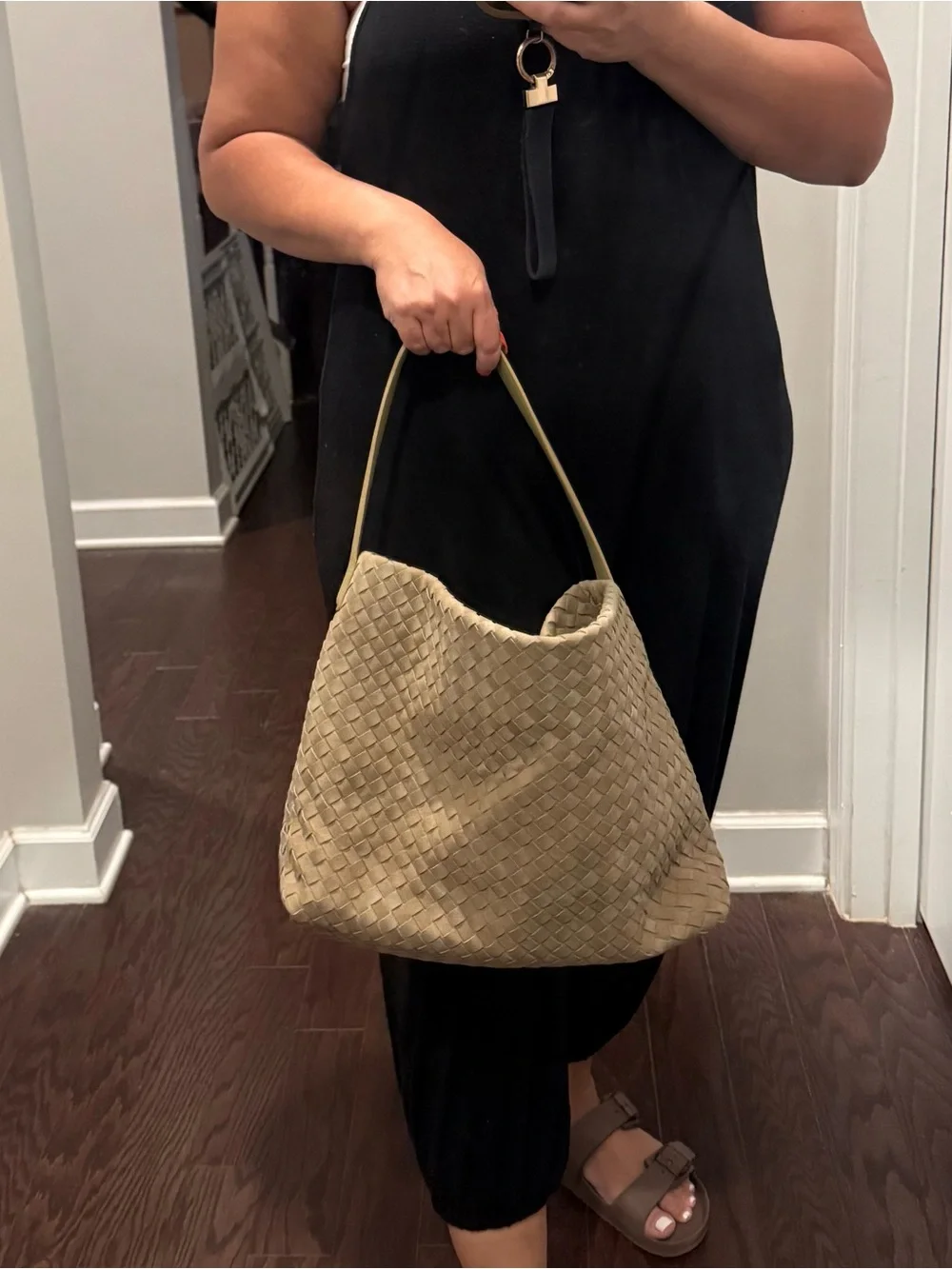 Woven Suede Shoulder Bag in Tan